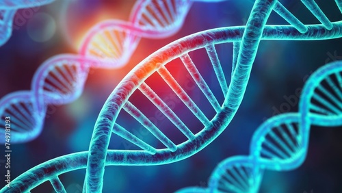 A radiant DNA helix is digitally visualized against a blue biotechnological backdrop. This image symbolizes the molecular beauty of genetic science