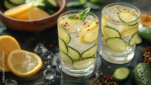 Freshly Squeezed Lemonade with Cucumber Garnish, Cool and Refreshing Cucumber Mint Drink, Sparkling Cucumber Lemonade in a Glass, A Taste of Summer: Cucumber Lemonade with Fresh Lemons and Mint.