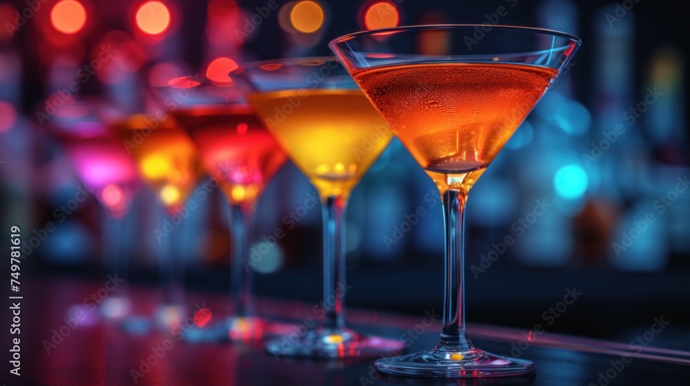 Colorful Martini Glasses, Variety of Drinks in Glasses, Martini Glasses with Colorful Liquids, Brightly Lit Martini Glasses.