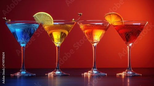 Colorful cocktails on a table, Four glasses of mixed drinks, A vibrant display of beverages, Brightly colored martinis in glasses.