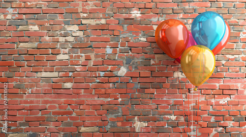 Bright balloons near brick wall.