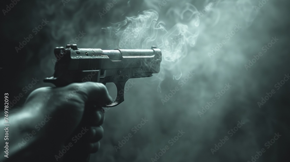 A Gun in the Darkness, The Shadow of a Gun, Gun Smoke and Fog, Silhouette of a Shooter. A Gun in the Darkness, The Shadow of a Gun, Gun Smoke and Fog, Silhouette of a Shooter.