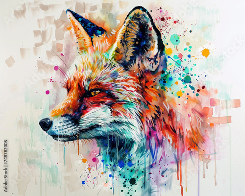 Vibrant watercolor painting of a fox face with splashes of bright colors, ideal for modern art decor. © Thanakorn