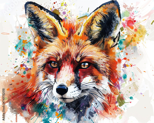 Vivid and expressive watercolor painting of a fox's face with splattered color accents. © Thanakorn
