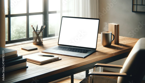 Laptop with a white blank screen on a wooden table in a stylish cafe with cozy interior and hanging lights. © Preyanuch