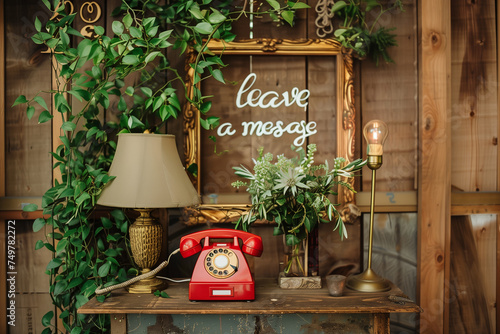 Audio guest book at wedding. Red retro rotary phone concept.