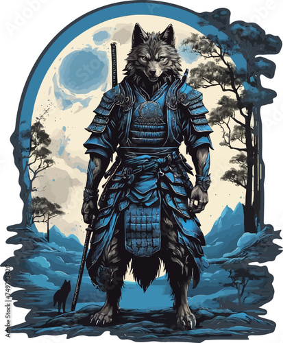 Wolf samurai with blue moon vector illustration for t-shirt design. 