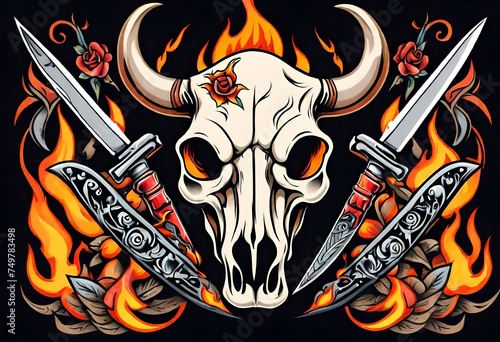 Illustration of Vintage, Flash art, Tattoo, Bull, Cow skull, Flames and fire, Retro, Old-school, Ink.