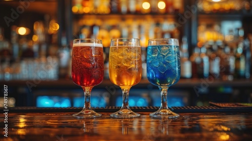 Colorful Drinks on a Bar, Four Glasses of Soda and Tea, Variety of Beverages in Glasses, Soda, Tea, and Juice at the Bar.