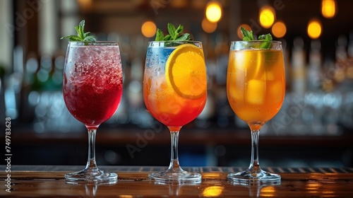 Three Flavored Drinks on a Bar Counter, A Variety of Beverages in Glasses, Colorful Cocktails Lined Up on the Bar, Three Different Drinks with Lemons and Mint Garnishes.