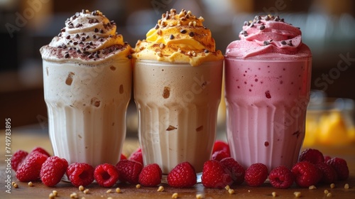 Three Delicious Fruit Smoothies, Fresh Berries and Nuts Adorn These Yummy Drinks, Colorful and Tasty Frozen Treats, A Trio of Fruity Desserts to Enjoy. photo