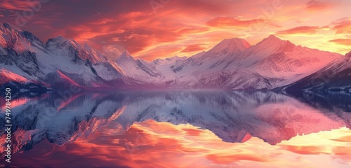 Sunset over the mountains  Glowing sky reflects on lake  The beauty of nature at dusk  A serene scene with a mountain range and calm water.