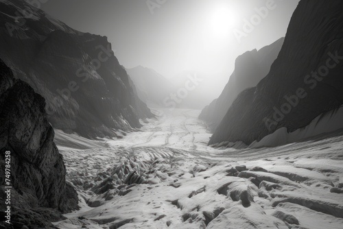 The Frozen Canyon, A Snowy Mountain Pass, Icy Cliffs and Foggy Skies, An Arctic Landscape.