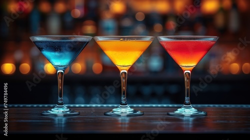 Colorful Martini Glasses, Three Different Flavored Drinks in a Bar, Variety of Cocktails on Display, Martini Glasses with Vibrant Colors.