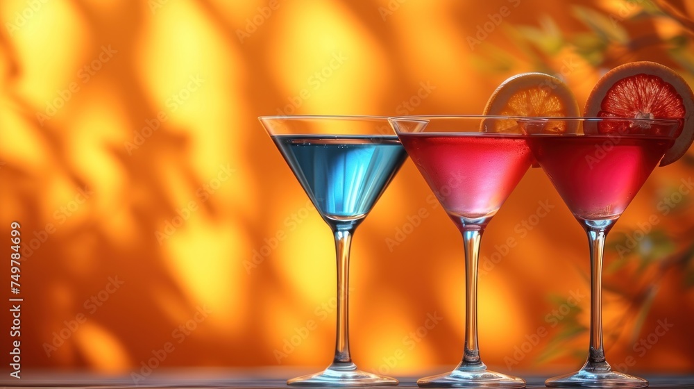 Three Colorful Martini Glasses, A Trio of Fancy Cocktails, Three Stylish Drinks on Display, Martini Madness: Three Different Colors.