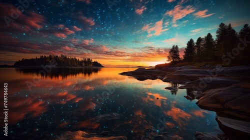 A picturesque Dramatic View of the Lake with the reflection of the Stars in the water at sunset, at Night. Landscape, Nature, Travel concepts.