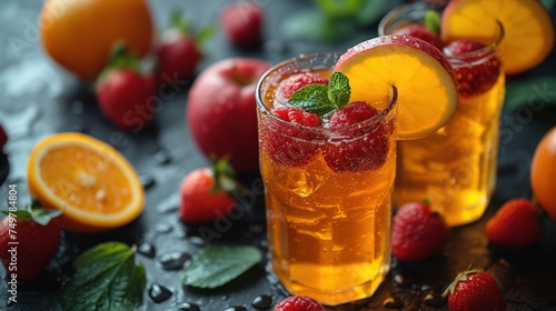 Fresh Fruit and Juice, Sweet Strawberry Drinks, A Delicious Fruit Cocktail, Juicy Oranges and Berries.