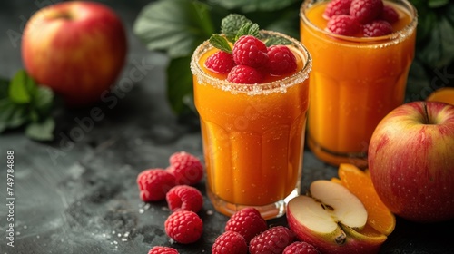 Fresh Fruit and Juice  A Delicious Fruit Platter  Sweet Raspberries and Apples  Nature s Bounty in a Glass.