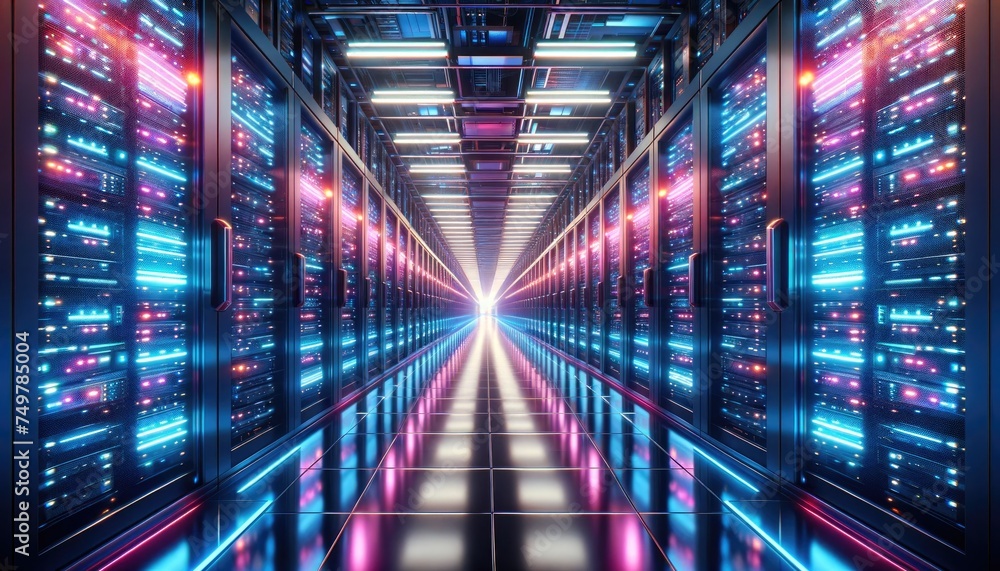 A perspective view of a futuristic data center aisle with glowing neon lights, reflecting off the polished floors and showcasing advanced technology infrastructure. A perspective view of a futuristic data center aisle with glowing neon lights, reflecting off the polished floors and showcasing advanced technology infrastructure.