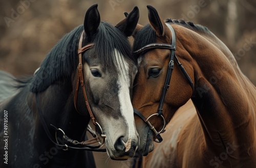 Two Horses Nuzzling Each Other, The Bond Between Two Horses, A Gentle Moment between Two Horses, Horses Showing Affection and Friendship.