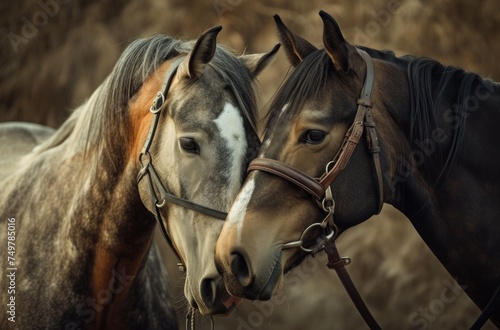 Two Horses Nuzzling Each Other, A Gentle Moment Between Two Horses, Horses Showing Affection with a Kiss, The Bond between Two Horses in the Field.