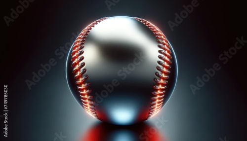 A conceptual image of a chrome baseball with glowing red stitches against a dark background, symbolizing innovation in sports.