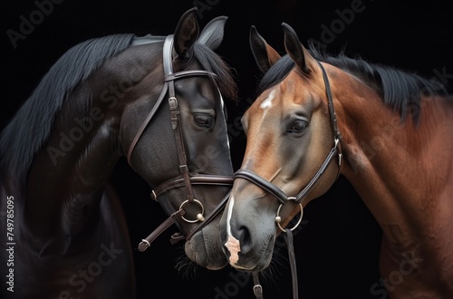 Two Horses Nuzzling Each Other, A Close-Up of Two Horses' Faces Touching, The Gentle Interaction Between Two Horses, Horses Showcasing Affection with Their Noses.
