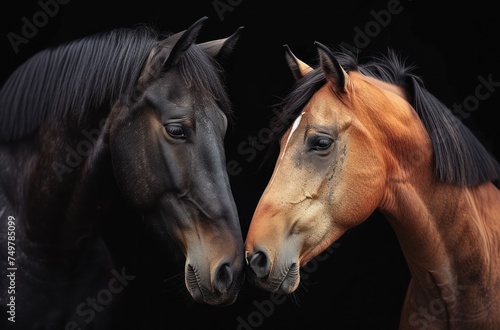Two Horses Nuzzling Each Other, Bonding Moments Between Two Horses, A Gentle Interaction between Two Horses, The Affectionate Connection of Two Horses.