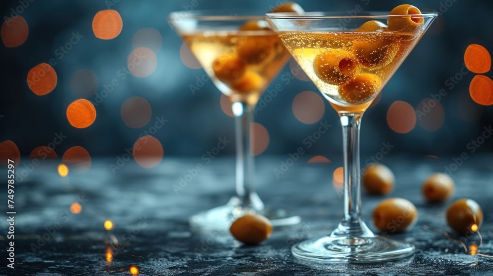 Golden Grapes in Martini Glasses, Sparkling Wine Glasses with Nuts, Fancy Cocktails and Nutty Snacks, Martini Glasses Filled with Fruity Delights. - obrazy, fototapety, plakaty 