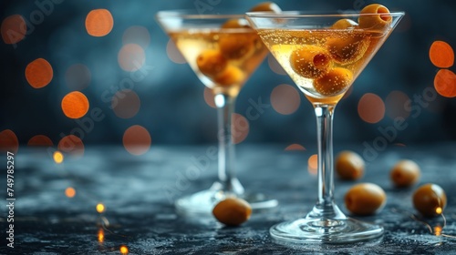 Golden Grapes in Martini Glasses, Sparkling Wine Glasses with Nuts, Fancy Cocktails and Nutty Snacks, Martini Glasses Filled with Fruity Delights.
