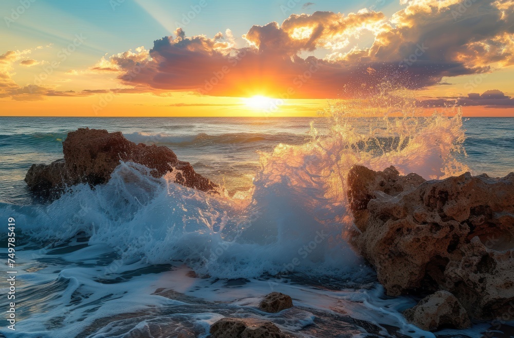 Sunset over the ocean, Waves crashing against rocks, The beauty of nature at dusk, A serene moment by the shore.