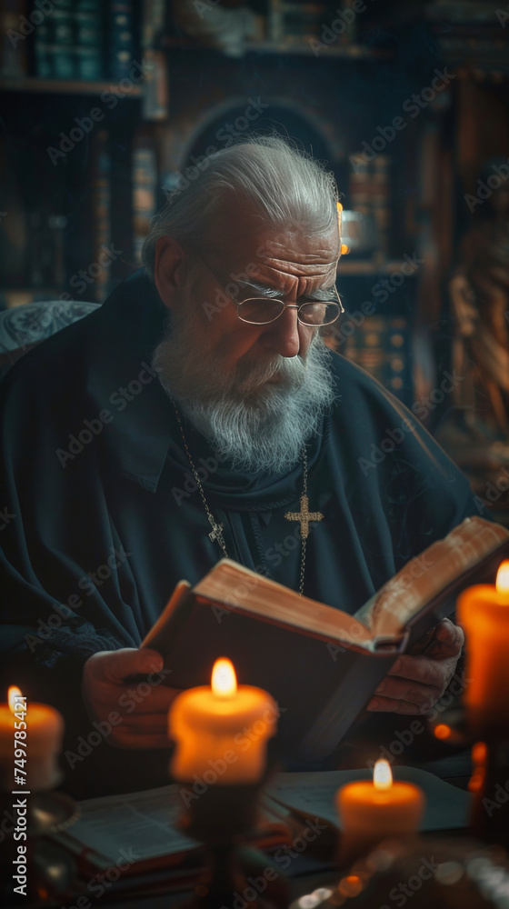 An aged bearded orthodox christian monk reading bible