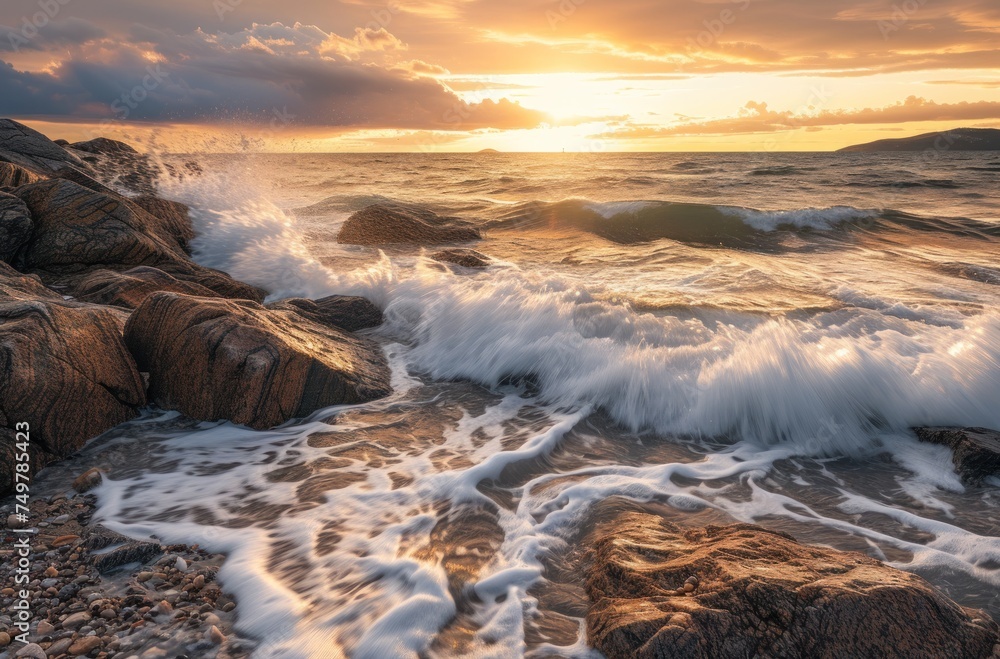 Sunset at the Ocean Shore, Rocky Beach and Waves, The Calm Before the Storm, A Serene Sunset by the Sea.