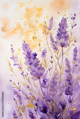 Watercolor painting of Lavender flowers postcard for wedding wallpaper with gold details and copy space 