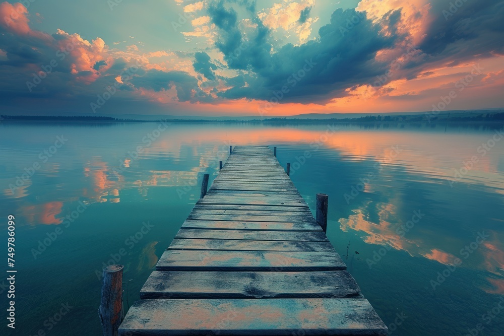 Fototapeta premium Walking on Water, Peaceful Pathway, Reflections in the Water, A Journey into Stillness.