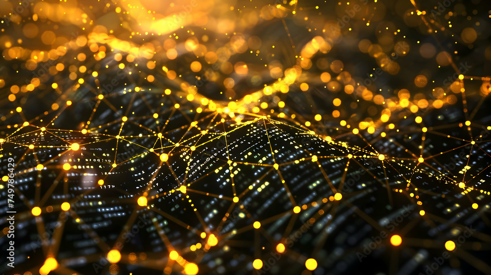 Background of rendition of an AI neural network in vibrant neon gold ...
