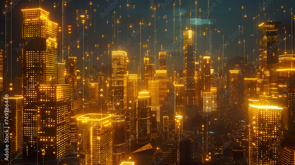 A futuristic city scape illuminated by neon gold light, representing an AI-powered metropolis. Buildings are etched with glowing AI codes and data patterns.
