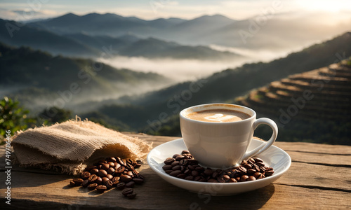 Coffee bag on wooden table. Cup of coffee latte with heart shape and coffee beans on old wooden. Cup of coffee with smoke and coffee beans in burlap sack, Nature of mountains background. photo