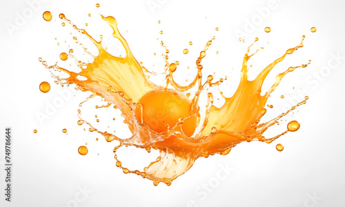 Advertisement picture of orange juice splashing with its fruit isolated on white. Freeze motion of sliced orange with splashing juice isolated.