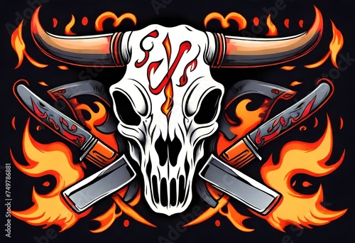 Illustration of Vintage  Flash art  Tattoo  Bull  Cow skull  Flames and fire  Retro  Old-school  Ink.