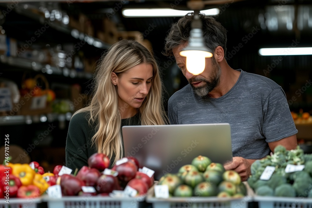 Man and Woman Monitor Laptop Screen in Busy Food Warehouse
