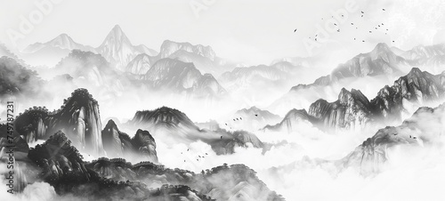 Traditional Chinese ink painting landscape. Concept of serene mountainous scenery with misty peaks, delicate trees, and flying birds in a monochromatic ink wash style