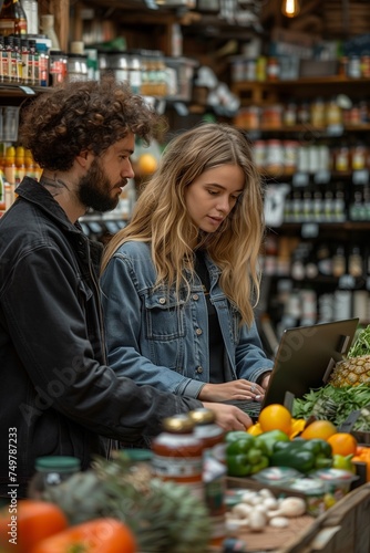 Man and Woman Monitor Laptop Screen in Busy Food Warehouse