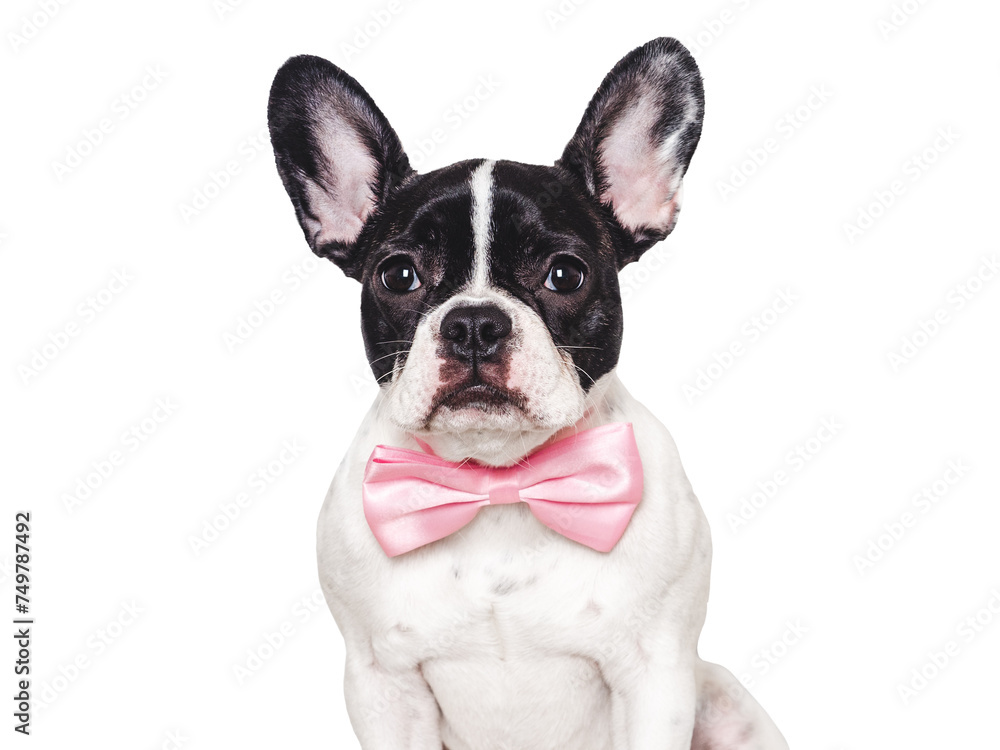 Cute puppy and bow tie. Close-up, indoors. Studio shot. Congratulations for family, relatives, loved ones, friends and colleagues. Pets care concept