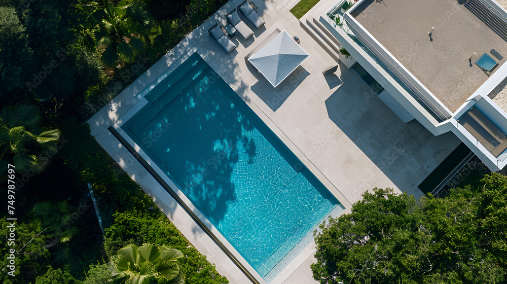 Serenity meets sophistication as a sleek modern residence harmonizes with a sparkling pool, creating an inviting haven for relaxation and leisure Serenity meets sophistication as a sleek modern residence harmonizes with a sparkling pool, creating an inviting haven for relaxation and leisure