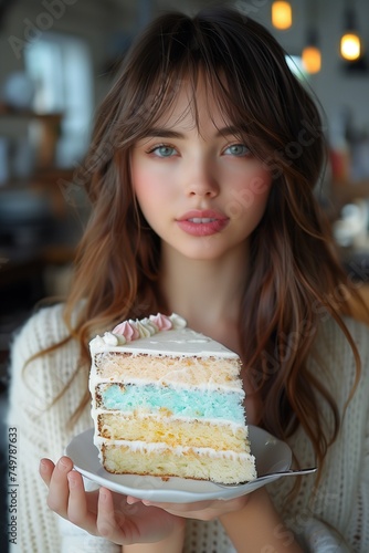 Young Woman Holding a Vibrant Rainbow Cake