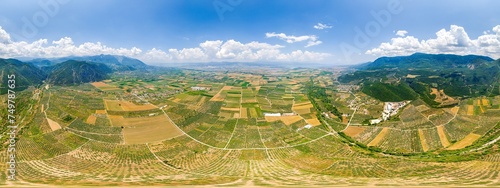 Lamia, Phthiotis, Greece. Panorama of the valley with fields. Olive trees, colorful fields. Summer, Cloudy weather. Panorama 360. Aerial view