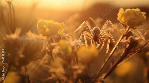 Close-up of a spider on a flower at Sunset in Summer. Nature, Landscape, Sun, Golden Hour, Insects, Animals in the forest, Field concepts. A horizontal Banner with Copy Space.