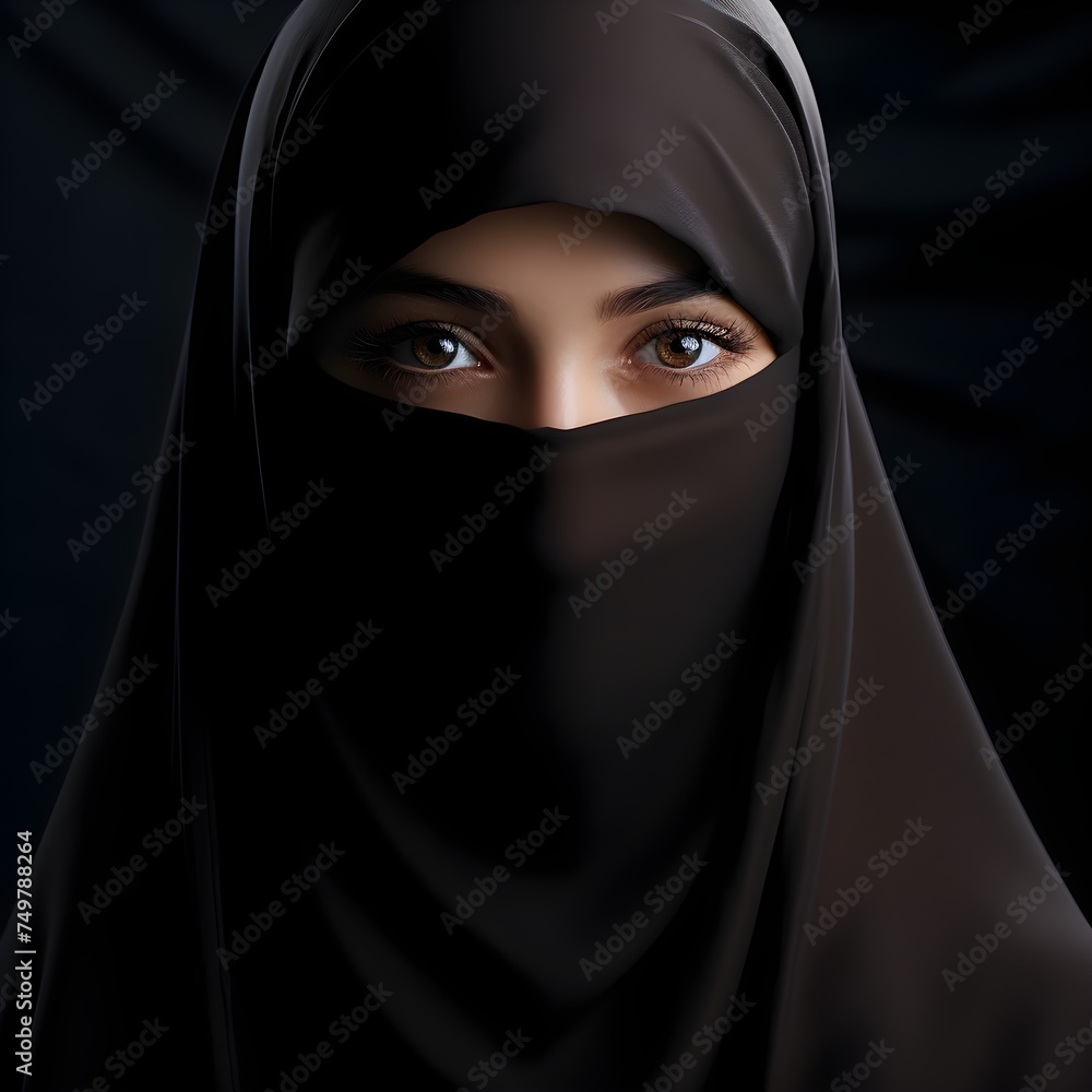 Portrait of young beautiful Muslim woman in niqab on black background Portrait of young beautiful Muslim woman in niqab on black background