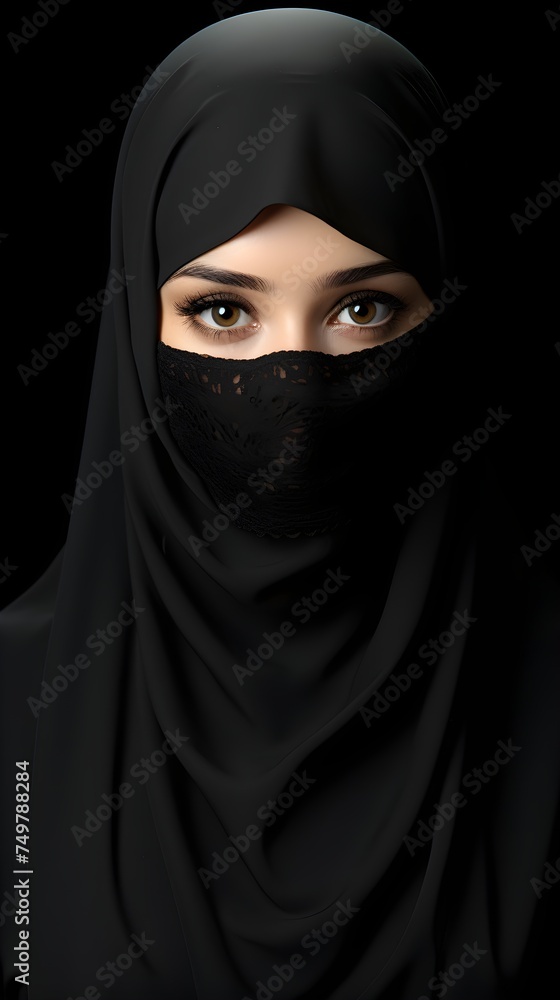 Portrait of young beautiful Muslim woman in niqab on black background Portrait of young beautiful Muslim woman in niqab on black background